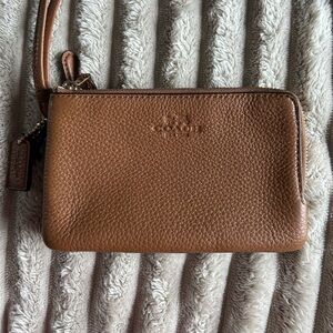 COACH Pebble Leather Double Corner Zip Wristlet-Saddle Brown F6650
